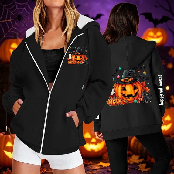 Mifsaly Womens Oversized Halloween Hoodie Spooky Graphic Zip Up Hooded Sweatshirt Casual Fall Long Sleeve Jacket for Party Everyday Novelty Black,S