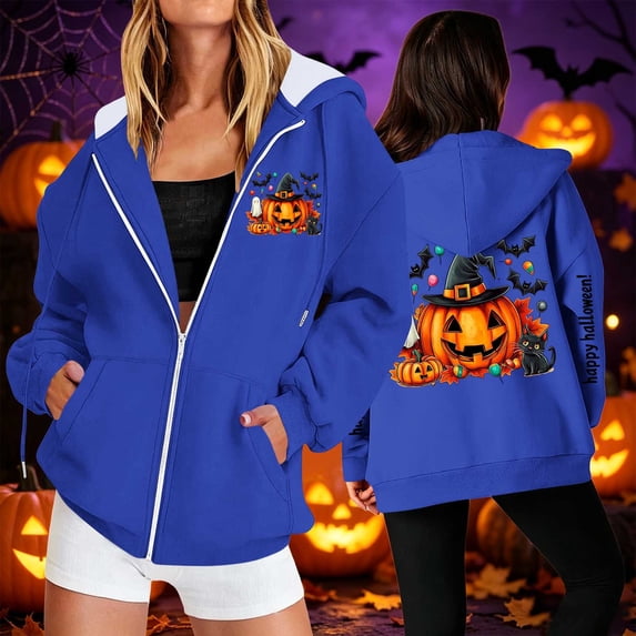 Mifsaly Womens Oversized Halloween Hoodie Spooky Graphic Zip Up Hooded Sweatshirt Casual Fall Long Sleeve Jacket for Party Everyday Novelty Blue,S