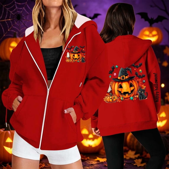 Mifsaly Womens Oversized Halloween Hoodie Spooky Graphic Zip Up Hooded Sweatshirt Casual Fall Long Sleeve Jacket for Party Everyday Novelty Red,XL