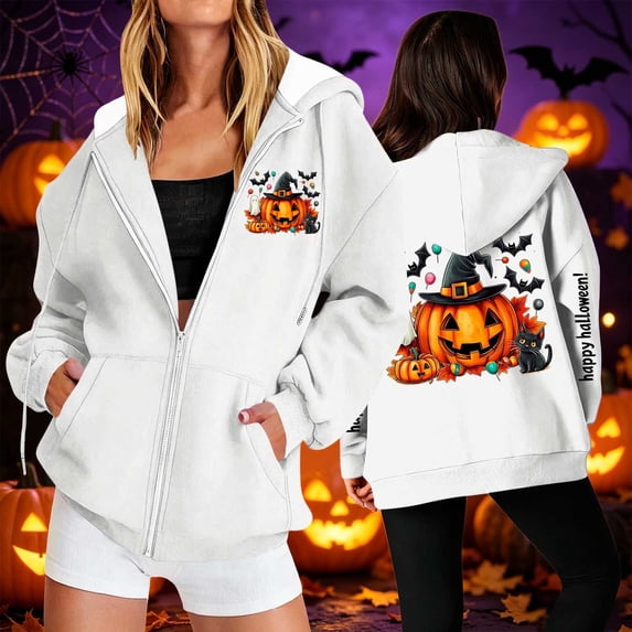 Mifsaly Womens Oversized Halloween Hoodie Spooky Graphic Zip Up Hooded Sweatshirt Casual Fall Long Sleeve Jacket for Party Everyday Novelty White,XL