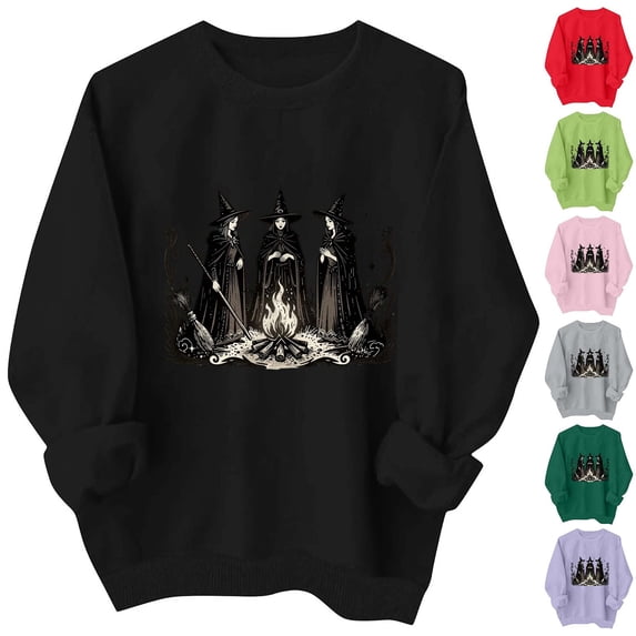 Mifsaly Womens Oversized Halloween Sweatshirts Spooky Three Witches Campfire Graphic Crewneck Sweatshirt Vintage Long Sleeve Pullover Tops Comfy Fleece Casual Outfits Black,XXL