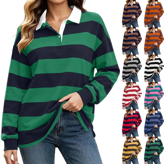 Mifsaly Womens Oversized Sweatshirts Striped Button Down Collared Pullover Tops Fall Winter Fashion Stylish Y2K Street Daily Going Out Lounge Outfits