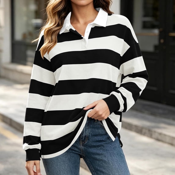 Mifsaly Womens Oversized Sweatshirts Striped Button Down Collared Pullover Tops Fall Winter Fashion Stylish Y2K Street Daily Going Out Lounge Outfits
