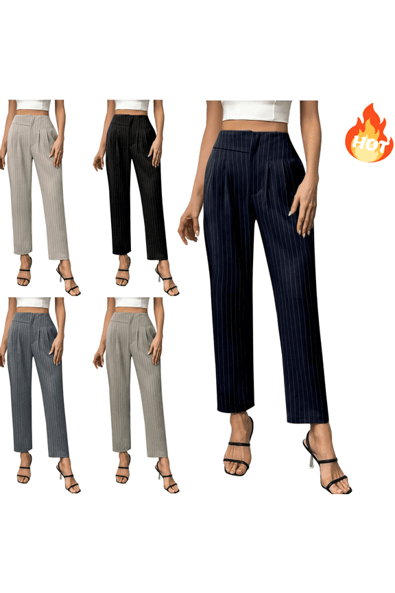Womens Petite Dress Pants Striped Cotton Linen Straight Leg Pant Business Casual Work Trousers Office Going Out Fashion Workwear with Pockets