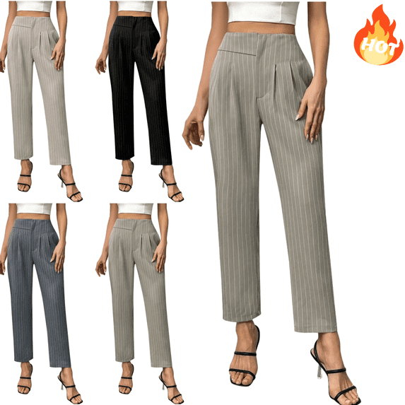 Mifsaly Womens Petite Dress Pants Striped Cotton Linen Straight Leg Pant Business Casual Work Trousers Office Going Out Fashion Workwear with Pockets