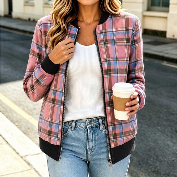 Mifsaly Womens Plaid Bomber Jacket Cropped Zip Up Flannel Coat Ribbed Cuffs Fall Winter Warm Going Out Street Urban Outerwear with Pockets
