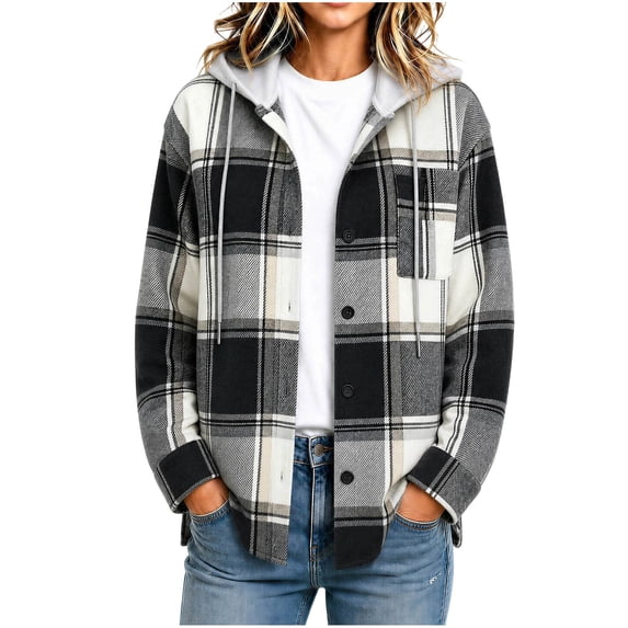 Mifsaly Womens Plaid Flannel Shacket Fall Button Down Jacket Hooded Soft Lightweight Warm Shirt Coat Trendy Western Cowgirl with Pocket