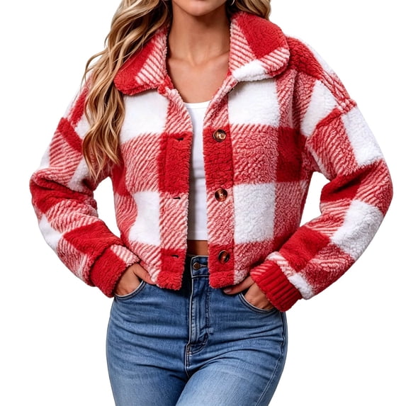 Mifsaly Womens Plaid Shacket Flannel Jacket Sherpa Fleece Button Down Cropped Coat Lapel Warm Cozy Trendy Street Winter Outerwear