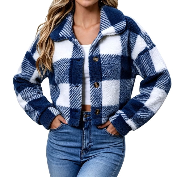 Mifsaly Womens Plaid Shacket Flannel Jacket Sherpa Fleece Button Down Cropped Coat Lapel Warm Cozy Trendy Street Winter Outerwear