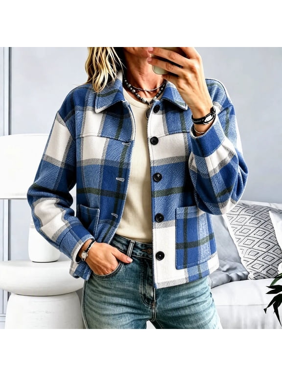 Womens Plaid Shacket Jacket Button Front Long Sleeve Collared Oversized Shirt Coat with Pockets Fall Winter Layering Daily Casual Flannel Outerwear
