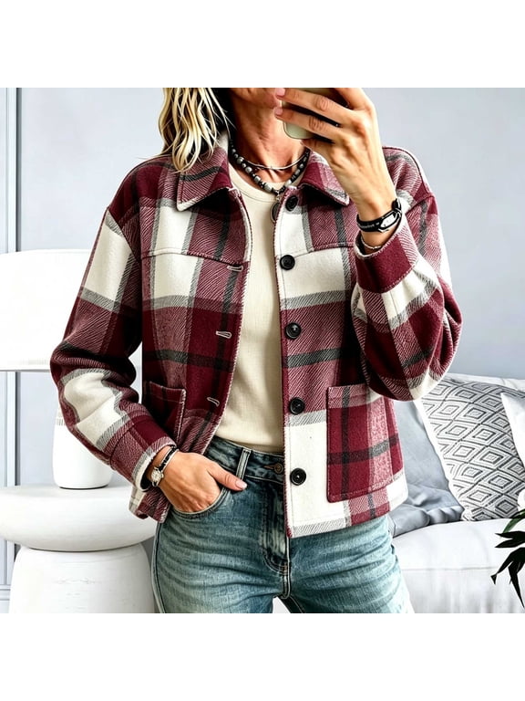 Womens Plaid Shacket Jacket Button Front Long Sleeve Collared Oversized Shirt Coat with Pockets Fall Winter Layering Daily Casual Flannel Outerwear