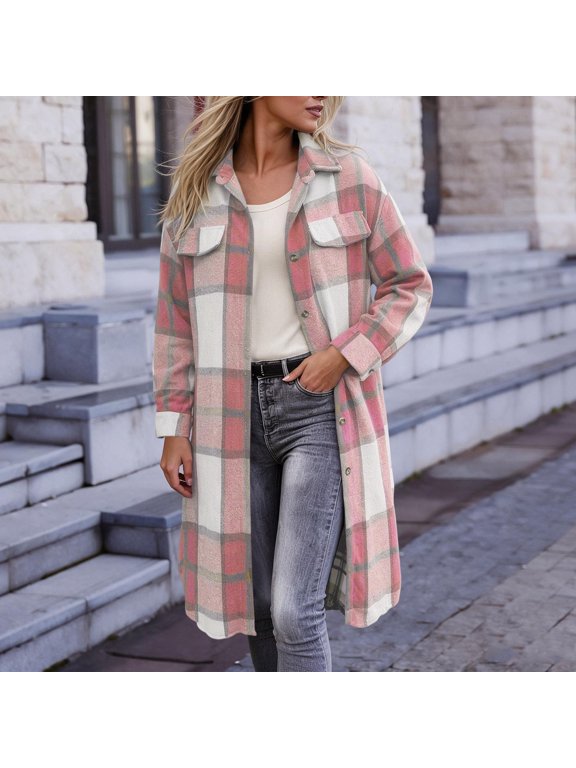 Womens Plaid Shacket Long Coat Button Down Collared Oversized Shirt Jacket with Pockets Fall Winter Everyday Layering Casual Flannel Outerwear