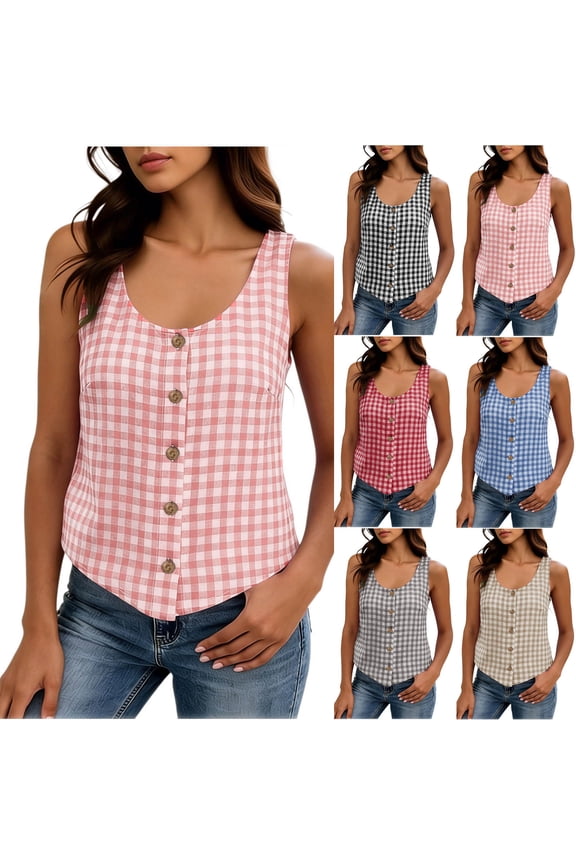 Womens Plaid Tank Top Button Front Sleeveless Cami Scoop Neck Summer Casual Vest Lightweight Breathable Fashion Sleeveless Shirt Pink,S
