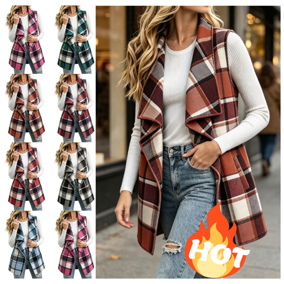 Mifsaly Womens Plaid Vest Lapel Collar Open Front Sleeveless Cardigan Coat Mid Length Fall Winter Layering Outerwear Orange,XL