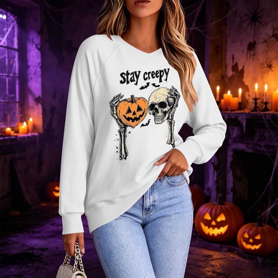 Mifsaly Womens Plus Size Halloween Sweatshirt Skull Pumpkin Graphic V Neck Shirts Spooky Vibes Classic Fall Festival Holiday Casual Wear