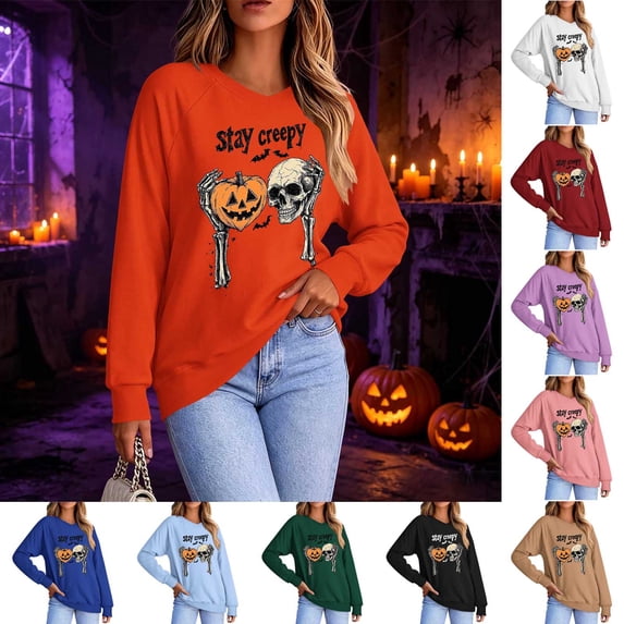 Mifsaly Womens Plus Size Halloween Sweatshirt Skull Pumpkin Graphic V Neck Shirts Spooky Vibes Classic Fall Festival Holiday Casual Wear