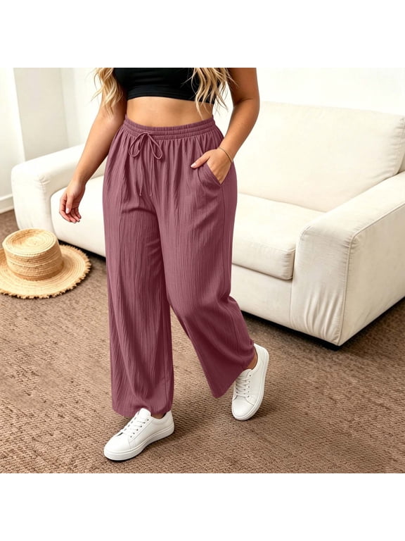 Womens Plus Size Wide Leg Pants Summer Flowy Lounge Pants Casual Drawstring Elastic Waist Ribbed Knit Trousers with Pockets Purple,XXXXXL