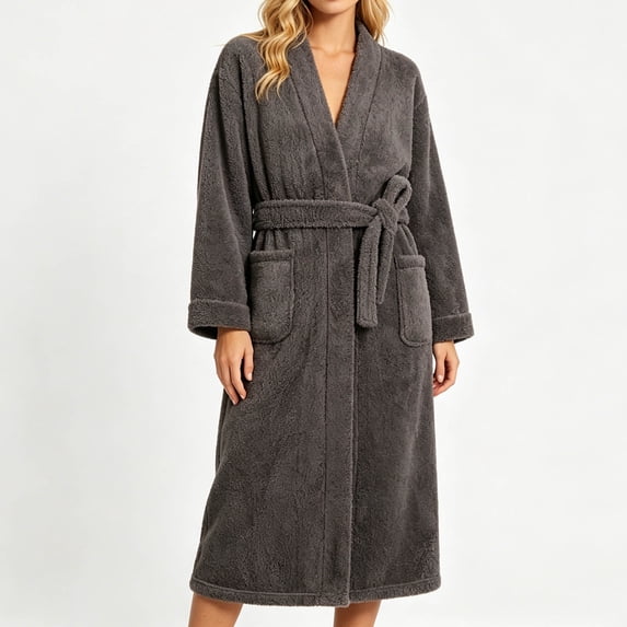 Mifsaly Womens Plush Fleece Bathrobe Long Shawl Collar Spa Robe Winter Warm Sleepwear with Belt and Pockets Gray,Free Size
