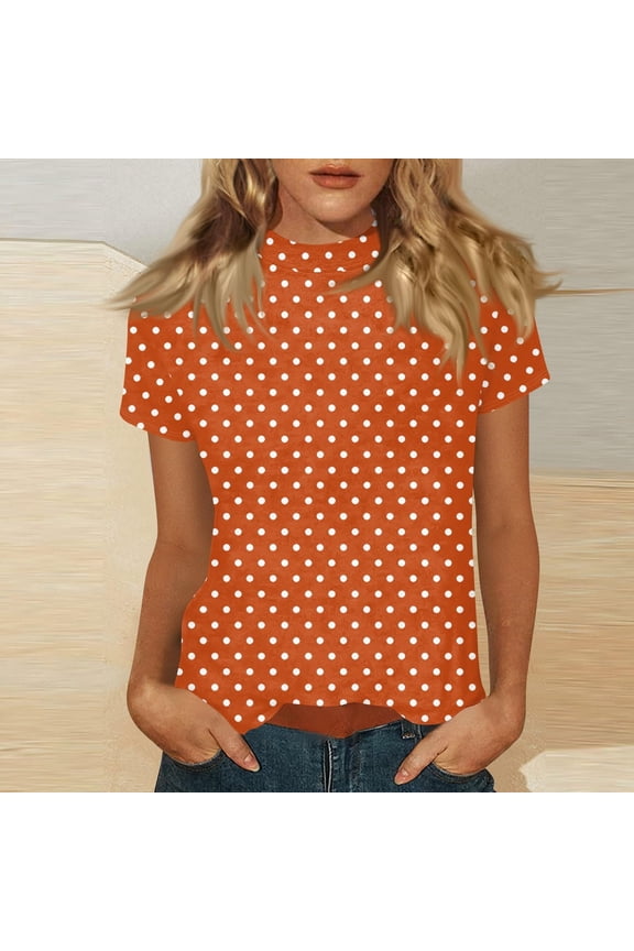 Womens Polka Dot Print Mock Neck T-Shirt Short Sleeve Slim Fit Fashion Patterned Tee Tops Casual Elegant Stretchy Summer Blouses Orange,S