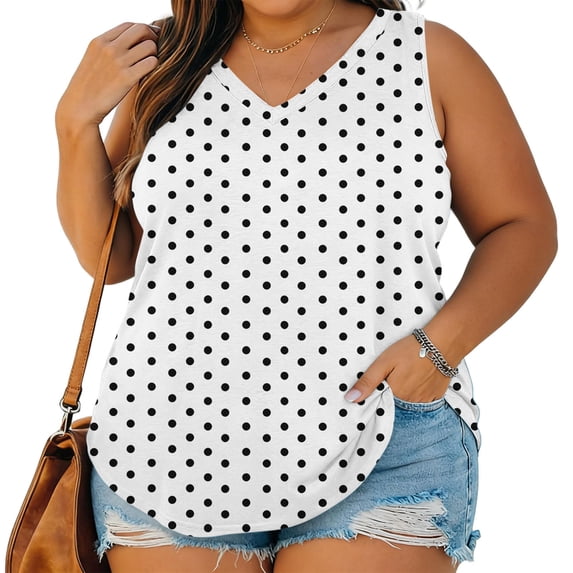 Mifsaly Womens Polka Dot Print V Neck Tank Tops Plus Size Sleeveless Summer Shirts Loose Fit Casual Camisole Flattering Flowy Tunic for Everyday Beach Holiday Outdoor White,M