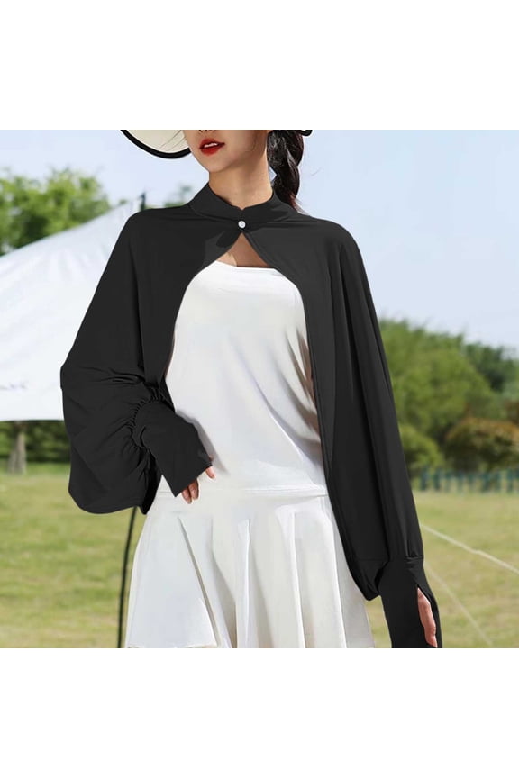 Womens Puff Sleeve Shrug Bolero Open Front Crop Cardigan Lightweight Long Sleeve Sun Protection Tops Fashion Summer Outdoor Beach Cover Up Black,Free Size