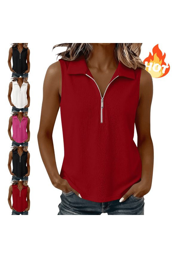 Womens Quarter Zip Tank Tops Ribbed Knit Sleeveless Shirts Zipper Front Summer Casual Tunic Blouses Slim Fit Breathable Athletic Golf Vest Red,S