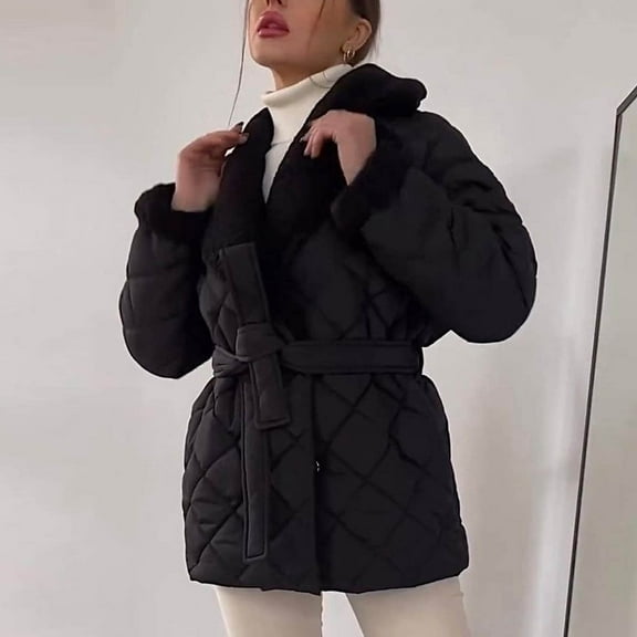 Mifsaly Womens Quilted Jacket Fleece Lined Thick Warm Padded Coats Lapel Collar Long Sleeve Thermal Winter Outerwear Open Front Tunic Overcoat with Belt