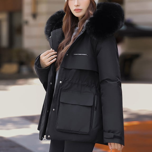 Mifsaly Womens Quilted Jacket Oversized Fleece Lined Zip up Hooded Padded Coats Thicken Warm Long Sleeve Tunic Puffer Jackets Soild Color Faux Fur Hood Thermal Winter Outerwear with Pockets