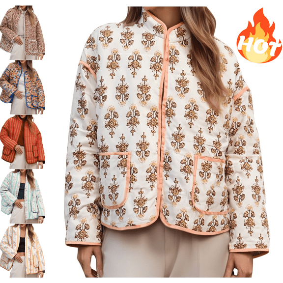Mifsaly Womens Quilted Jacket Vintage Floral Print Oversized Padded Coats Long Sleeve Stand Collar Warm Winter Outerwear Open Front Lightweight Down Jackets with Pockets