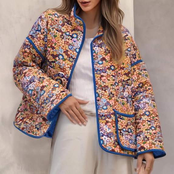 Mifsaly Womens Quilted Jacket Vintage Floral Print Oversized Padded Coats Long Sleeve Stand Collar Warm Winter Outerwear Open Front Lightweight Down Jackets with Pockets