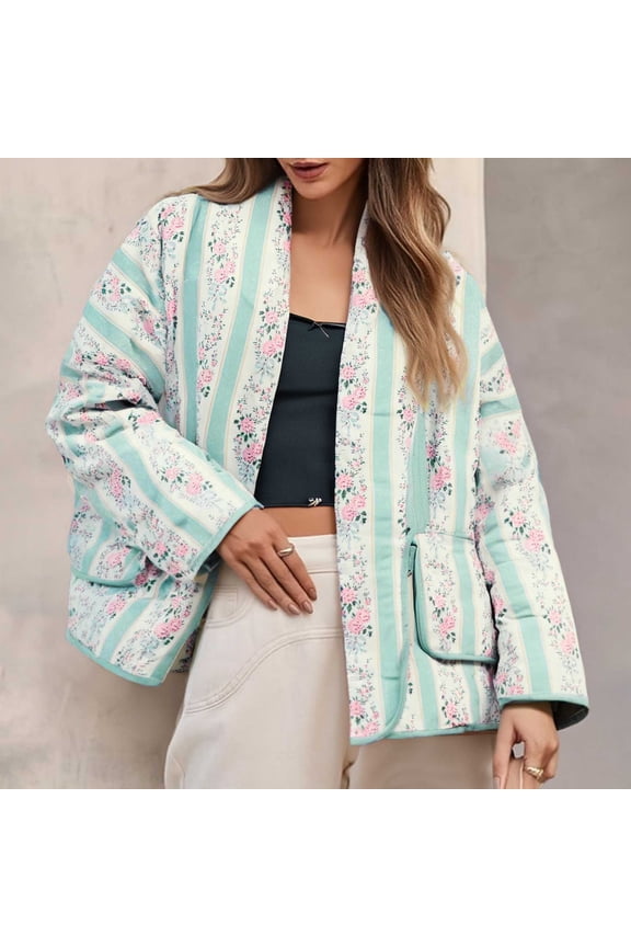 Womens Quilted Jacket Vintage Floral Print Oversized Padded Coats Long Sleeve Stand Collar Warm Winter Outerwear Open Front Lightweight Down Jackets with Pockets