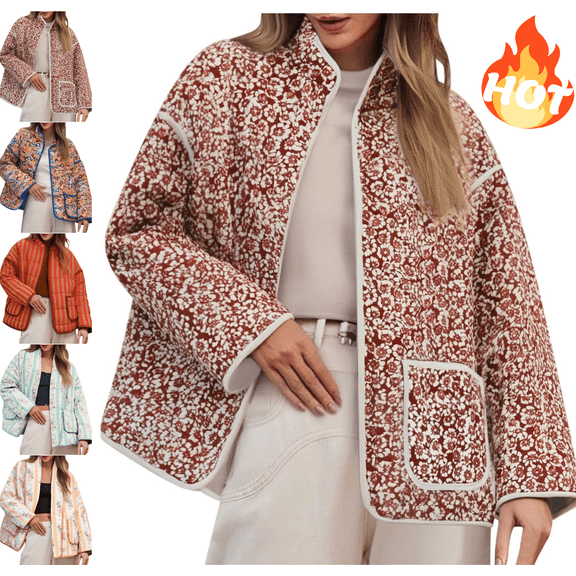 Mifsaly Womens Quilted Jacket Vintage Floral Print Oversized Padded Coats Long Sleeve Stand Collar Warm Winter Outerwear Open Front Lightweight Down Jackets with Pockets