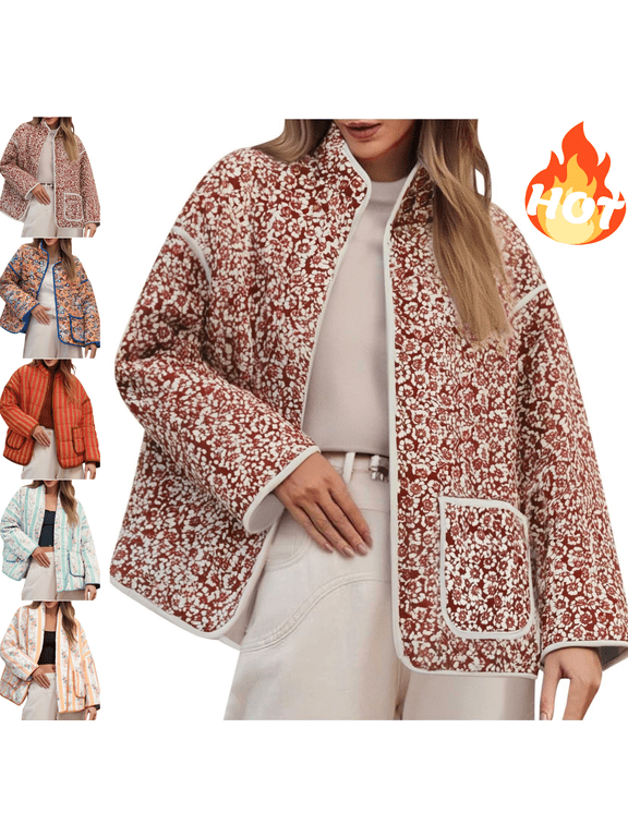 Womens Quilted Jacket Vintage Floral Print Oversized Padded Coats Long Sleeve Stand Collar Warm Winter Outerwear Open Front Lightweight Down Jackets with Pockets