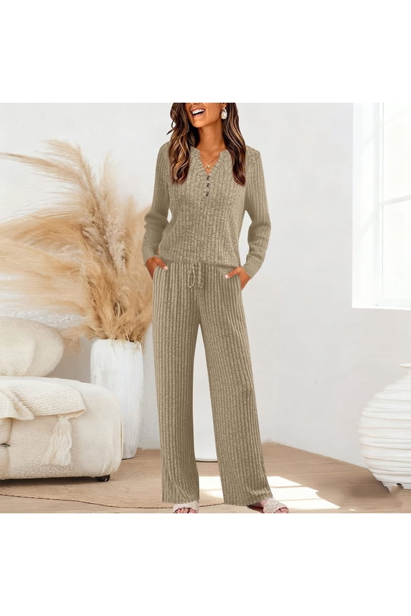 Womens Ribbed Lounge Set Fall Leisure Wear 2 Piece V-Neck 3 Buttons Long Sleeve Pullover Tops & Cozy Wide Leg Pants with Pockets 2025 Matching Airport Travel Business Outfits