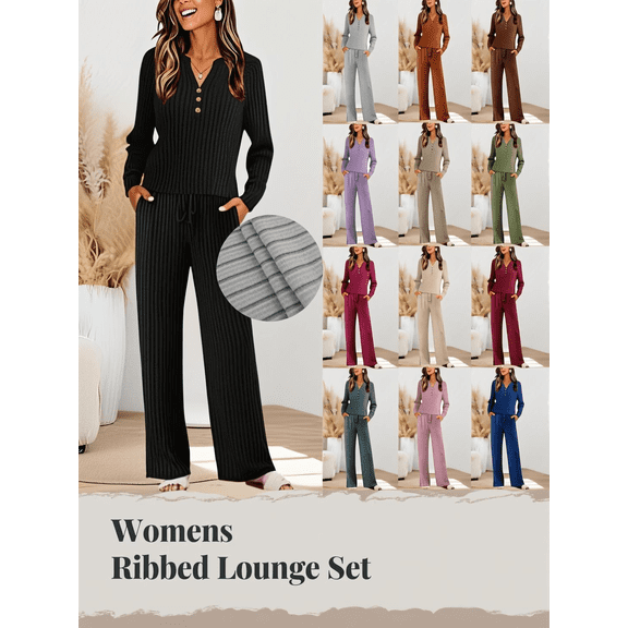 Mifsaly Womens Ribbed Lounge Set Fall Leisure Wear 2 Piece V-Neck 3 Buttons Long Sleeve Pullover Tops & Cozy Wide Leg Pants with Pockets 2025 Matching Airport Travel Business Outfits