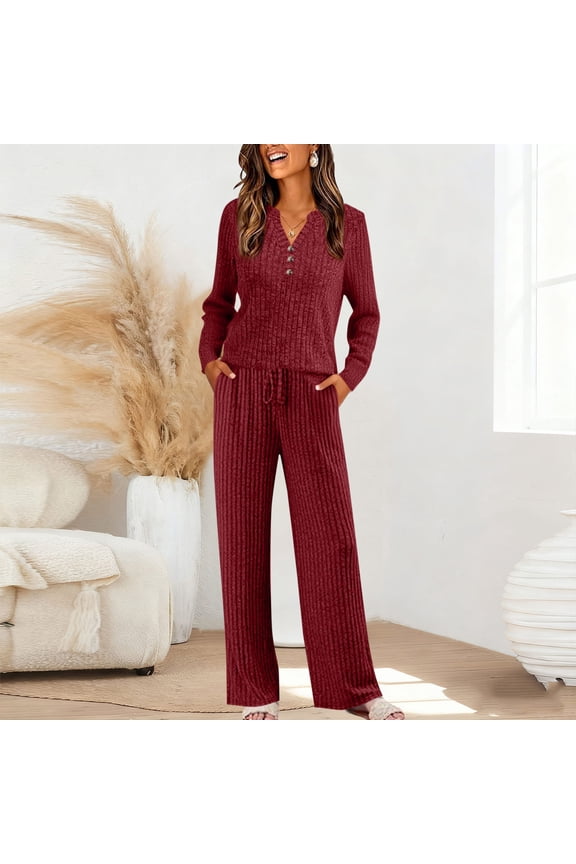 Womens Ribbed Lounge Set Fall Leisure Wear 2 Piece V-Neck 3 Buttons Long Sleeve Pullover Tops & Cozy Wide Leg Pants with Pockets 2025 Matching Airport Travel Business Outfits