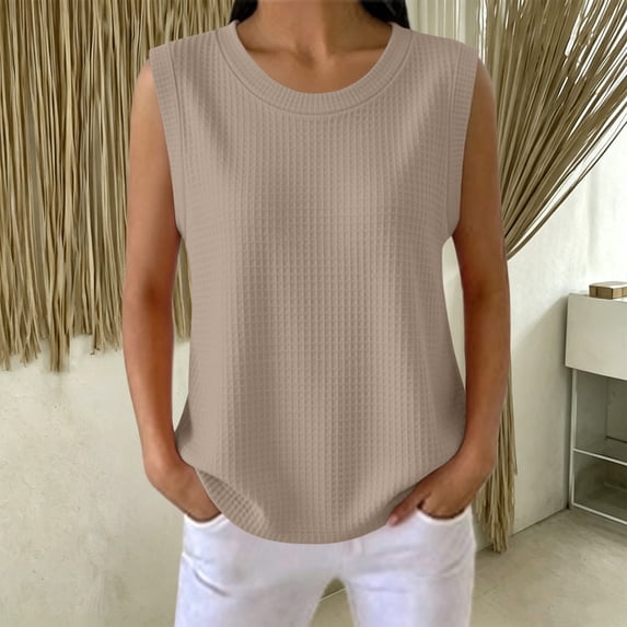 Mifsaly Womens Ribbed Sleeveless Tank Tops Casual Crewneck Muscle Shirts Summer Loose Fit Basic Activewear Undershirts Khaki,L