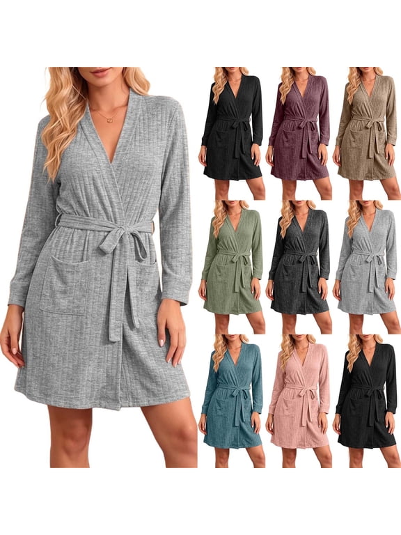 Womens Robes Lightweight Ribbed Knit Spa Robe Knee Length Sleepwear with Pockets and Tie Belt Gray,S