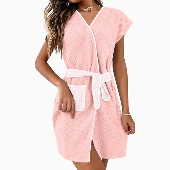 Mifsaly Womens Robes Lightweight Waffle Knit Spa Shower Robe with Belt Pockets Pink,Free Size