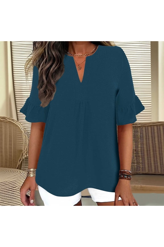 Womens Ruffle Blouse Split V Neck Summer Blouses Flattering Lightweight Solid Color Tunic Cotton Linen Shirts Navy,S