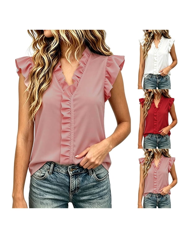 Womens Ruffle Blouse V Neck Flutter Short Sleeve Shirts Slim Fit Dressy Casual Summer Tops Pleated Lightweight Textured Office Work Blouses Pink,S