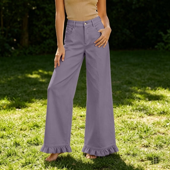 Mifsaly Womens Ruffle Hem Wide Leg Pants High Waist Button Fly Flare Pants Lightweight Loose Fit Flowy Summer Casual Outfits with Pockets Purple,L