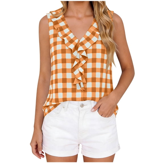 Mifsaly Womens Ruffle V Neck Tank Tops Plaid Sleeveless Blouse Elegant Flounce Trim Summer Shirts Lightweight Fashion Casual Loose Fit Tunic Top Orange,XXL