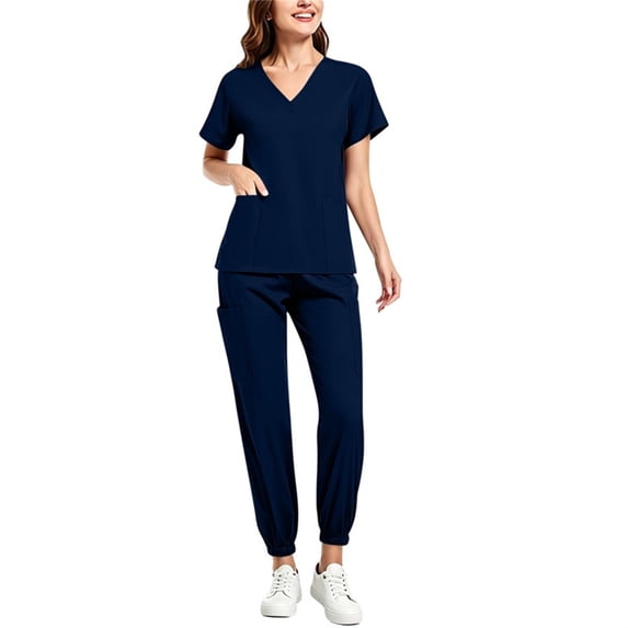 Mifsaly Womens Scrub Sets V Neck Short Sleeve Tops and Elastic Waist Jogger Pants Lightweight Stretch Casual Doctors Nurses Workwear with Pockets Navy,XXL