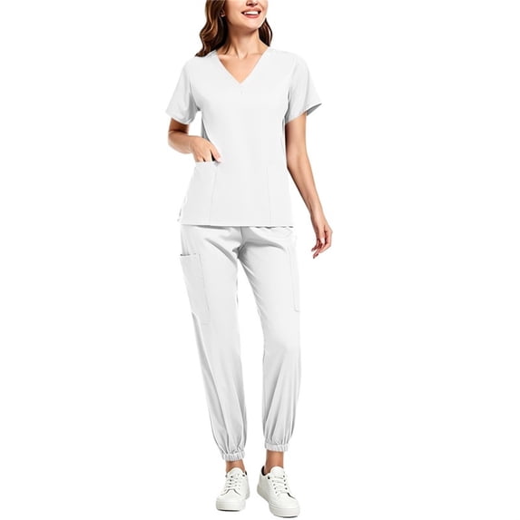 Mifsaly Womens Scrub Sets V Neck Short Sleeve Tops and Elastic Waist Jogger Pants Lightweight Stretch Casual Doctors Nurses Workwear with Pockets White,XL