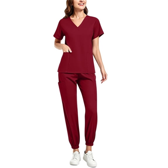 Mifsaly Womens Scrub Sets V Neck Short Sleeve Tops and Elastic Waist Jogger Pants Lightweight Stretch Casual Doctors Nurses Workwear with Pockets Wine,M