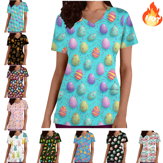 Mifsaly Womens Scrub Tops Cute Bunny and Egg Print Easter Shirts for Women V-Neck Short Sleeve Nursing Uniforms Doctors Nurse Festival Casual Workwear with Pockets S