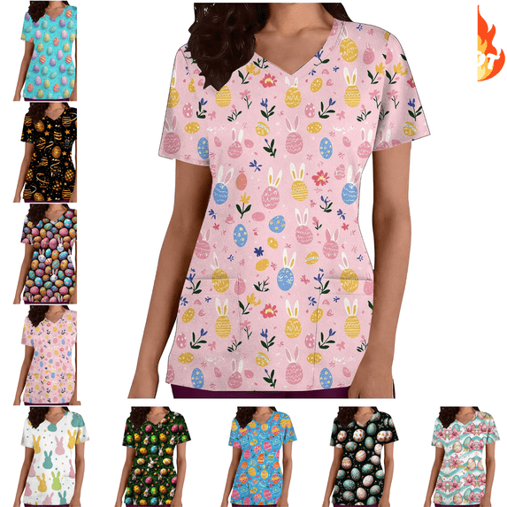 Mifsaly Womens Scrub Tops Cute Bunny and Egg Print Easter Shirts for Women V-Neck Short Sleeve Nursing Uniforms Doctors Nurse Festival Casual Workwear with Pockets L