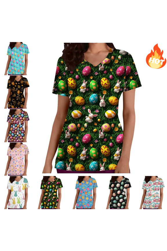 Womens Scrub Tops Cute Bunny and Egg Print Easter Shirts for Women V-Neck Short Sleeve Nursing Uniforms Doctors Nurse Festival Casual Workwear with Pockets XL