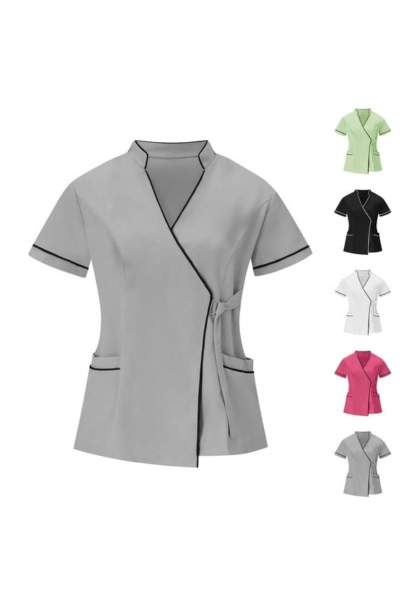 Womens Scrub Tops V-Neck Short Sleeve Wrap Scrubs Top Holiday Stretchy Nursing Uniforms Housekeeping Healthcare Work Blouse with Pockets